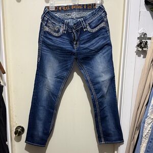 Rock Revival Dark Blue Jean Capris with Contrast Stitching